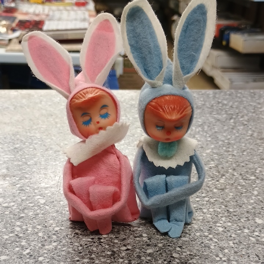 Vintage Pink and Blue Bunny Figurines